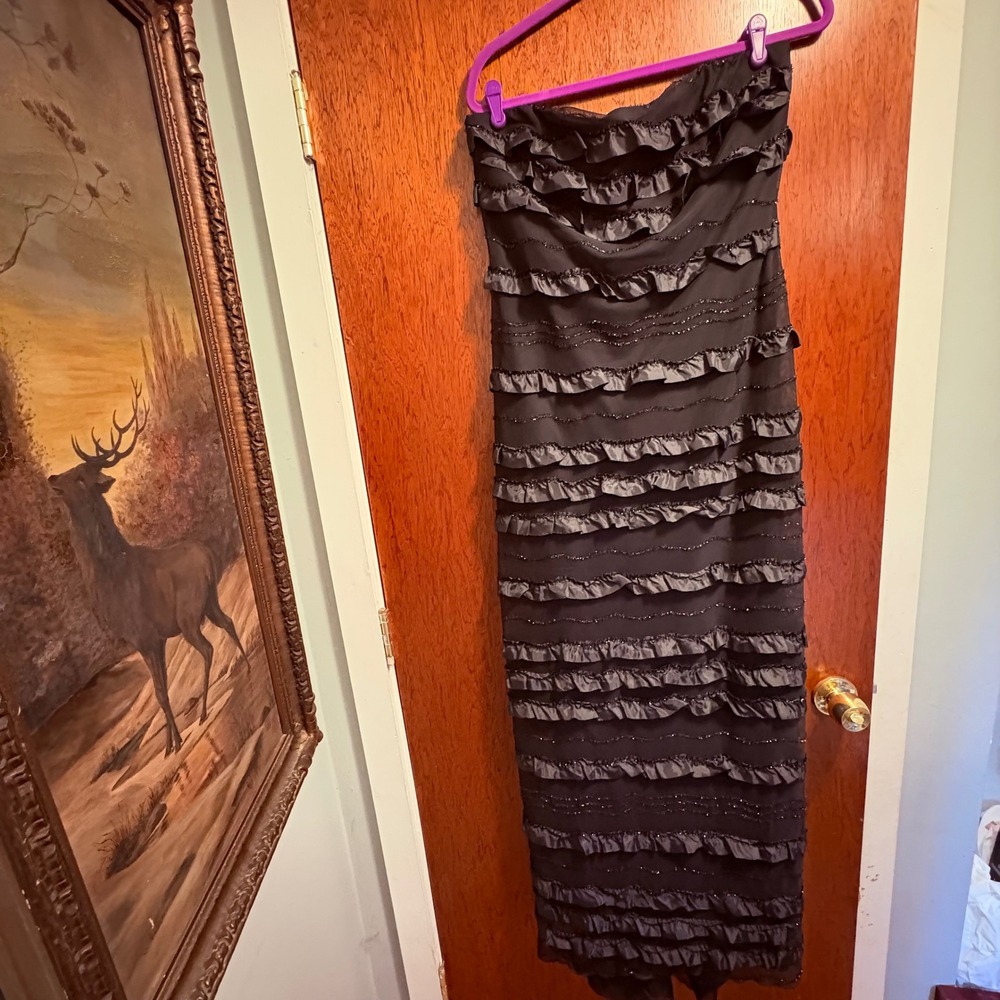 Black Strapless Sequin Tiered Formal Gown Maxi Dress Wedding Guest 16‎